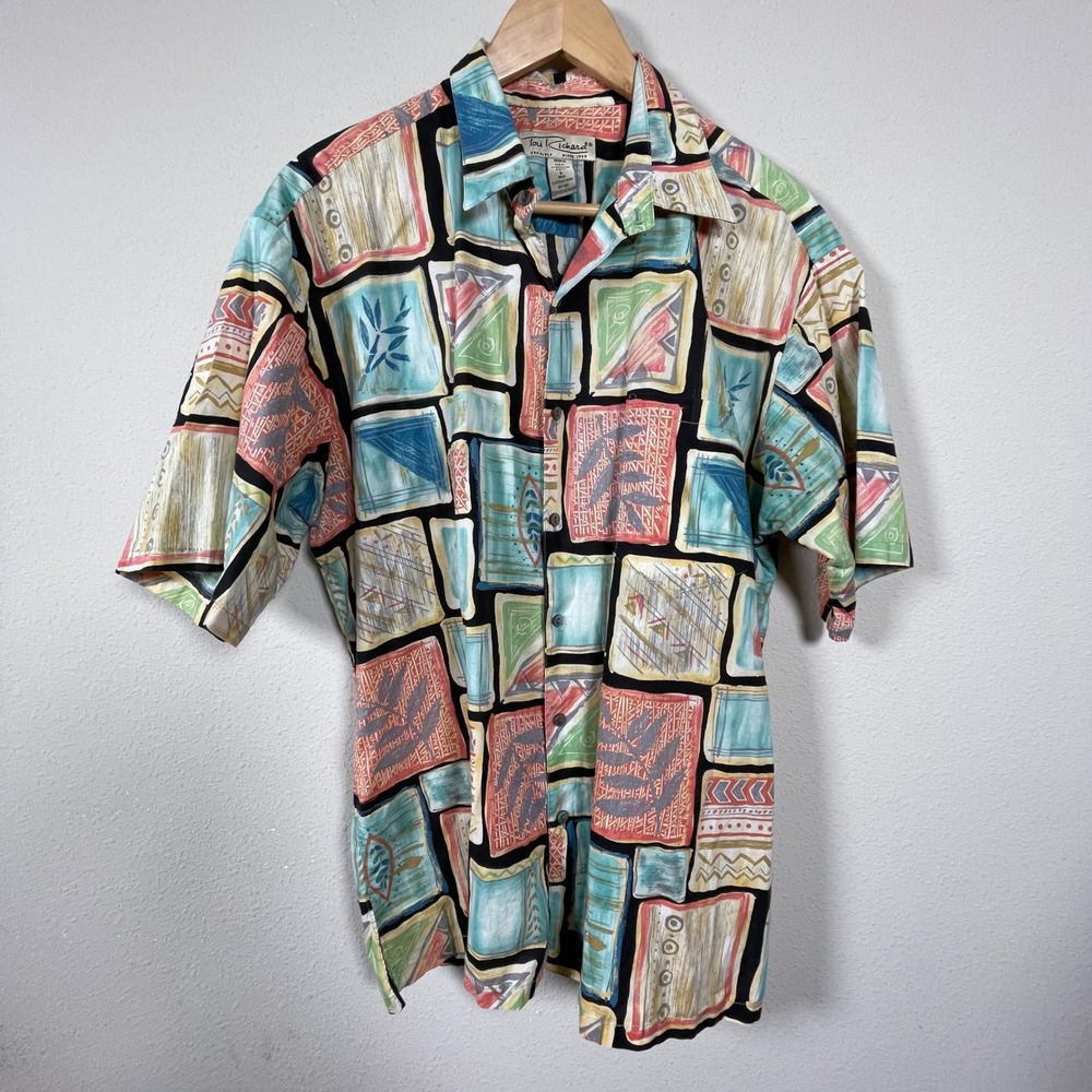Tori Richard Button Up Shirt Mens L Orange Resort Camp Cotton Lawn Geometric USA